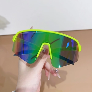 Fluorescent yellow sports sunglasses with rainbow gradient lenses for outdoor cycling