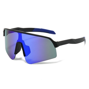 Sporty sunglasses with black frame and blue polarized lens for outdoor cycling and running