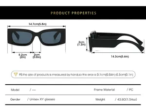 Size chart for rectangle sunglasses showing frame width, lens height, and PC material specs