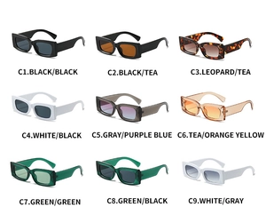 Collection of nine retro rectangle sunglasses in assorted candy colors and patterns