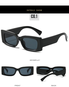 Detailed views of black rectangle sunglasses with thick frames and dark grey lenses