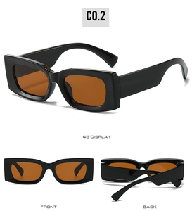 Multiple views of square retro sunglasses with thick black frames and dark orange lenses