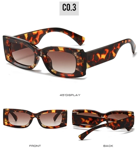 Three-view display of tortoise-shell rectangle sunglasses with dark gradient lenses