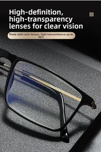 Macro shot of TR9018 black square frame glasses highlighting 90% light transmission resin lens