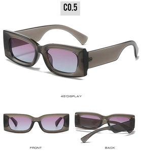 Detailed multi-angle view of wide rectangular sunglasses with purple gradient lenses