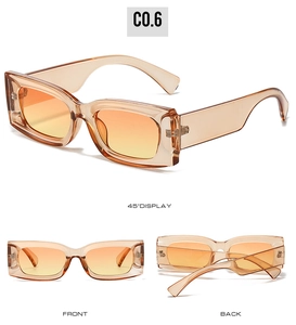 Detailed views of rectangular sunglasses with champagne frames and orange gradient lenses