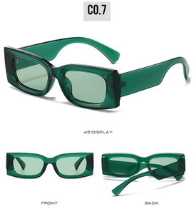 Multiple views showing 45-degree angle, front and back of green square frame sunglasses