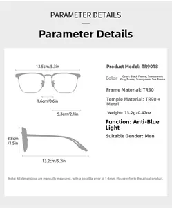 Detailed sizing chart with technical dimensions for square business reading glasses
