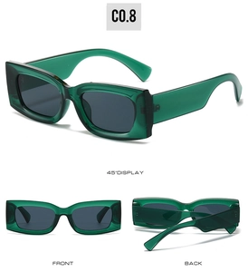 Three-angle view of vintage rectangle sunglasses in jelly green with grey lenses