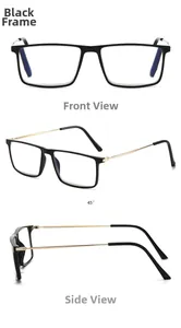 Front, side, and 45-degree angle views of square black frames with gold metal temples