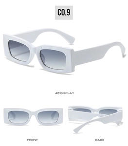 Three views of white rectangular wide temple sunglasses with grey gradient lenses