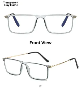 Detail view of transparent grey square optical frame with slim gold metal temples