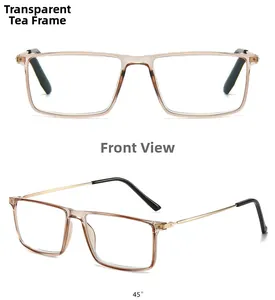 Detail of transparent tea brown square glasses frames with sleek metal temple arms