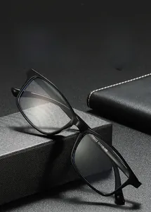 Detail view of TR90 reading glasses frame showing model specs on matte black temples