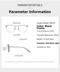 Detailed sizing chart and TR90 frame specifications for blue light reading glasses