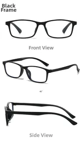 Three views of TR90 reading glasses in black frame: front, side, and 45-degree angle