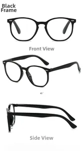 Classic black oval reading glasses shown in front, 45-degree, and side views