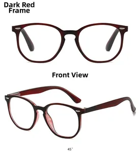 Detail view of dark red oval glasses frame with silver rivets and spring hinges