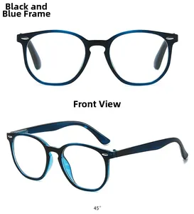 Detailed views of vintage oval reading glasses with black and blue rivet spring frames