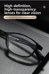 Macro detail of TR90 reading glasses featuring 90% light transmittance clear lenses