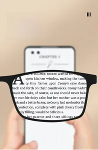 Macro shot of TR90 reading glasses lens showing clear text magnification and blue light filter