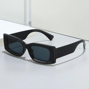 Retro small square frame sunglasses with wide temples and dark gray lenses on white background