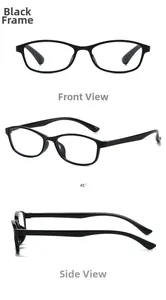 Three-view display of black TR90 reading glasses frame: front, side, and 45-degree angle