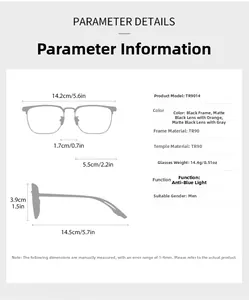 Size chart showing TR90 reading glasses dimensions with frame width and lens height data
