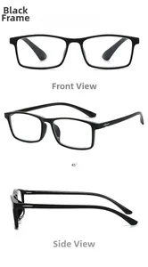 Three-way view of black square frame reading glasses with anti-blue light TR90 material