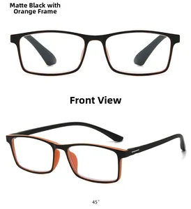 Front and side view of matte black TR90 reading glasses with vibrant orange inner frames
