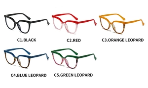Detailed grid showing five color variants of oversized anti-blue light glasses frames