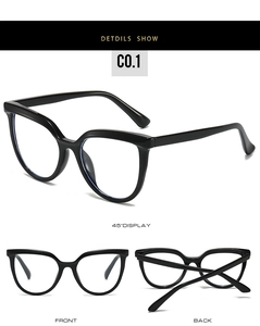 Detail view of black oversized cat eye glasses showing front and 45-degree angle