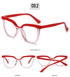 Three-angle display of red gradient cat eye glasses frames with clear lower rim details