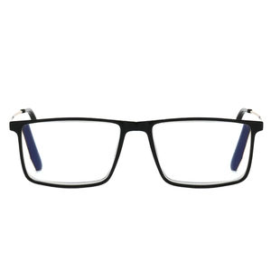 Modern square black glasses frame with minimalist gold metal temples for a sleek business look