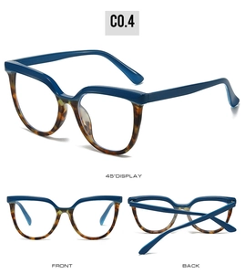 Detailed views of blue and tortoiseshell cat-eye glasses from front, back and 45-degree angle