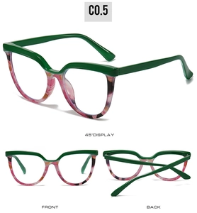 Three perspectives of oversized floral patterned glasses frames with dark green browline
