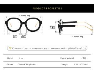 Detailed size chart for futuristic round anti-blue light glasses with PC frame dimensions