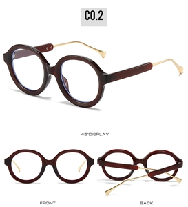 Detailed multi-angle views of round burgundy amber frames with gold metal temples