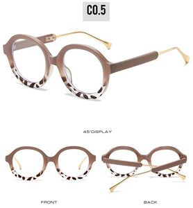 Three-view display of round tortoiseshell and gold frames from front, back, and 45-degree angle