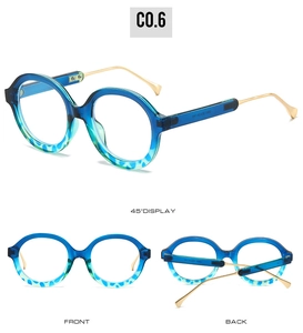 Detailed views of round gradient blue frames with leopard patterns and gold temples