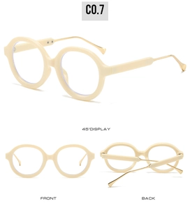 Three-angle views of round anti-blue light glasses with cream frames and gold metal temples