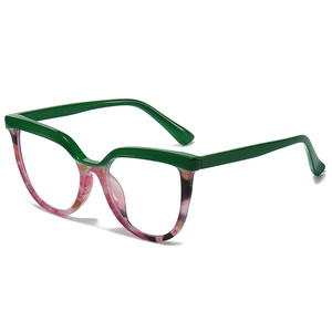 Fashionable oversized cat-eye blue light glasses in dark green and marble pink pattern