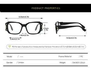 Detaillierte Größentabelle für quadratische Blaulichtfilter Brille mit Maßen