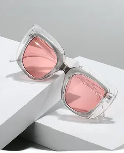 Detail of square transparent gray frame with pink anti-blue light resin lenses