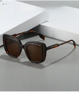 Detail showing the thick tortoiseshell frame and dark brown lens of these square sunglasses