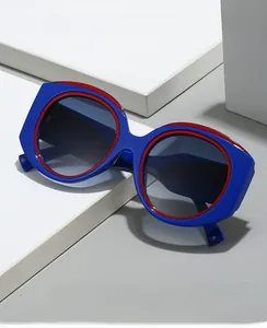 Détail de lunettes de soleil ovales bicolores avec monture bleue et doublure rouge