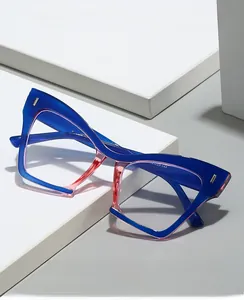 Detailed view of cat-eye glasses frame featuring blue to pink gradient and size engraving