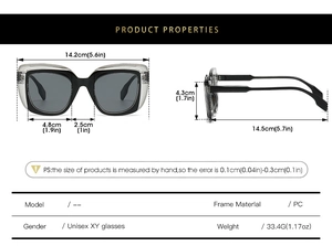 Detailed dimensions of square PC sunglasses with gray lenses and black frame weight specs