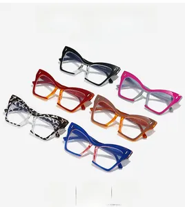 Detailed macro view of colorful cat eye eyeglass frames with stud rivet accents