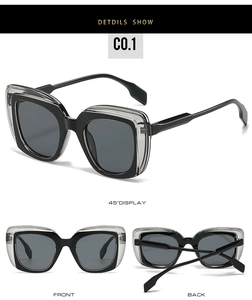 Detailed views of square frame sunglasses with double-layered translucent grey temples